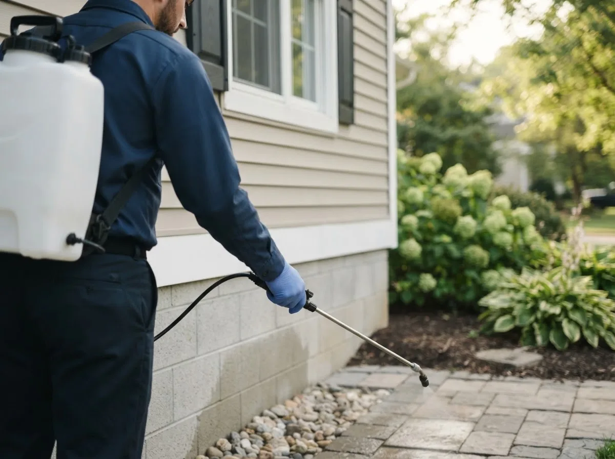 Pest control technician inspecting a home in Stonington, ME